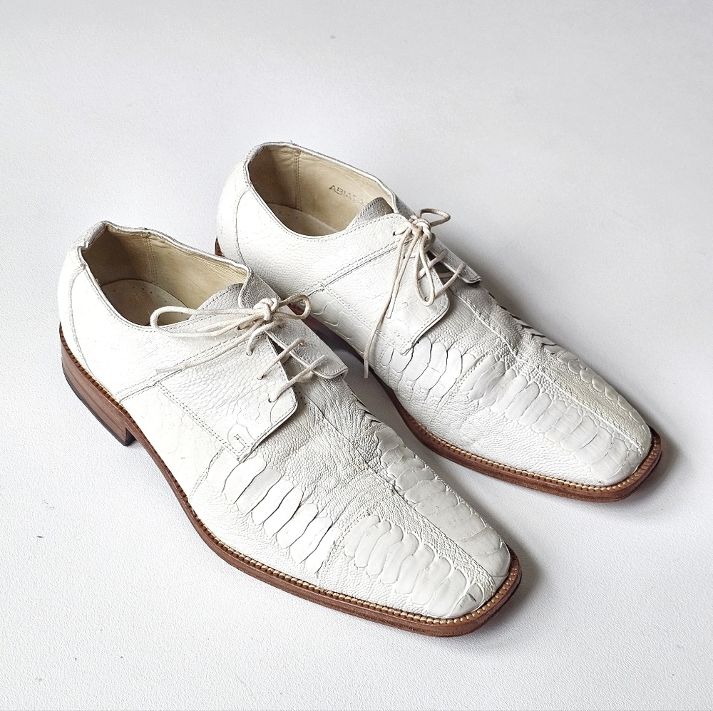David Eden Abiatar Ostrich Leather Exotic Shoes White Square Toe Brazil Size 10